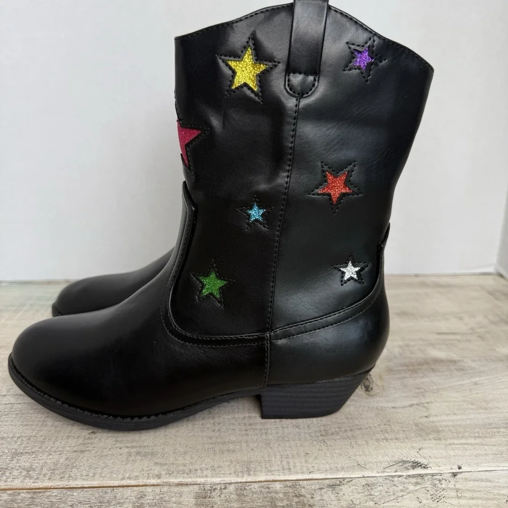 Kids Black‎ Western Cowboy Boots with Multi Color Glitter Star Appliques Size 3